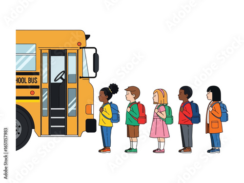 School Bus Line: A lineup of children stands patiently as they wait to board a vibrant school bus, representing the start of a new educational journey and a daily ritual. 