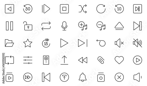 Media Control Line Icon Set. A program, movie, and other visual media product featuring moving images. Vector illustration. editable stroke