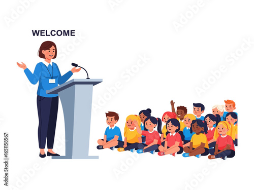 Welcome Speech in Classroom: A welcoming instructor delivers an engaging address to a classroom of attentive students, fostering a sense of belonging and intellectual curiosity