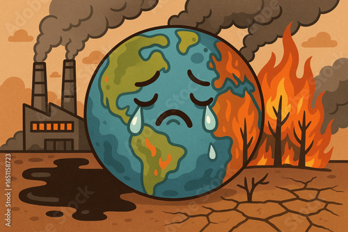 Cartoon Earth in Distress – Emotional Climate Crisis Illustration of Pollution & Environmental Destruction