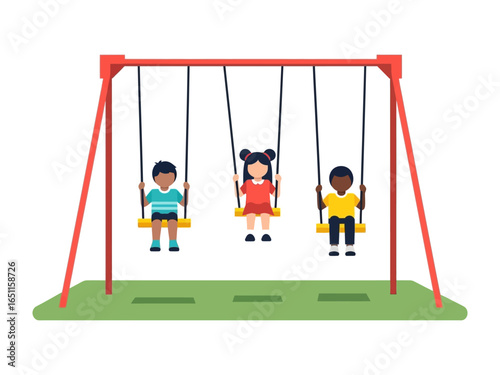 Children on Swing Set: A vibrant illustration shows three diverse children joyfully swinging on a playground, embodying the spirit of carefree play and childhood happiness. 