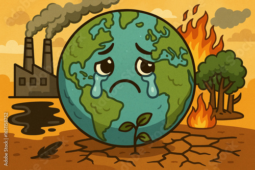 Cartoon Earth in Distress – Emotional Climate Crisis Illustration of Pollution & Environmental Destruction
