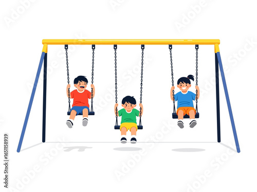 Kids on Swings: Three young children, filled with unbridled joy, swing playfully on a sunny day in a vibrant playground, capturing the pure essence of childhood fun and outdoor play.
