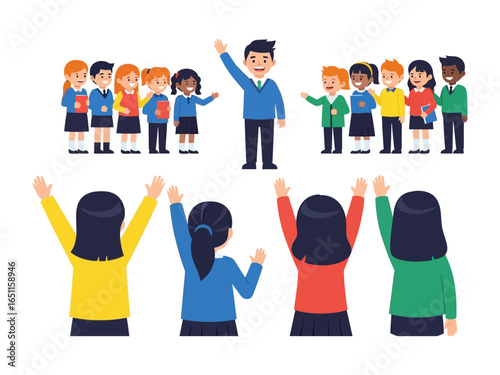 School Welcome and Farewell: A lively gathering of elementary students and their teacher, representing moments of greeting and departure with dynamic expressions of camaraderie and education