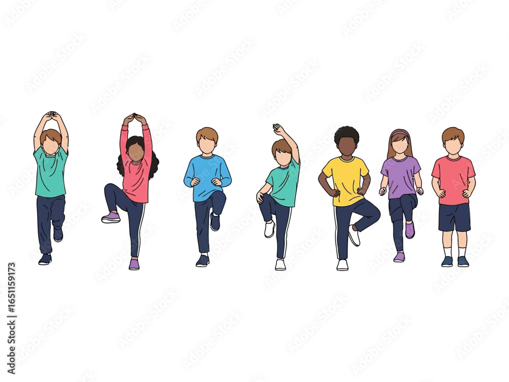 Fototapeta premium Energetic Kids' Fitness: A vibrant depiction of children engaged in a dynamic fitness routine, showcasing various exercises that embody health and wellness.