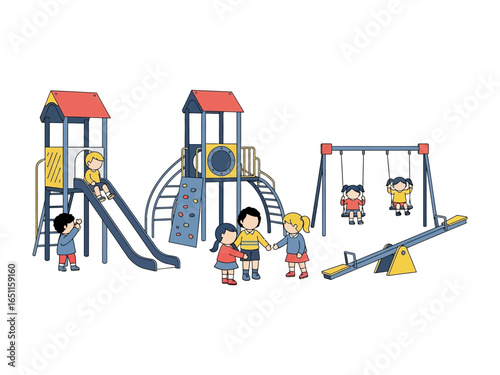 Playground Gathering: Children enjoy an inclusive playground experience. Illustrated view of children playing on slide, swing, and seesaw, representing the joy and shared happiness.