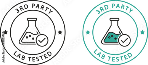 3rd Party Lab Tested stamp icon with flask and checkmark, isolated on white