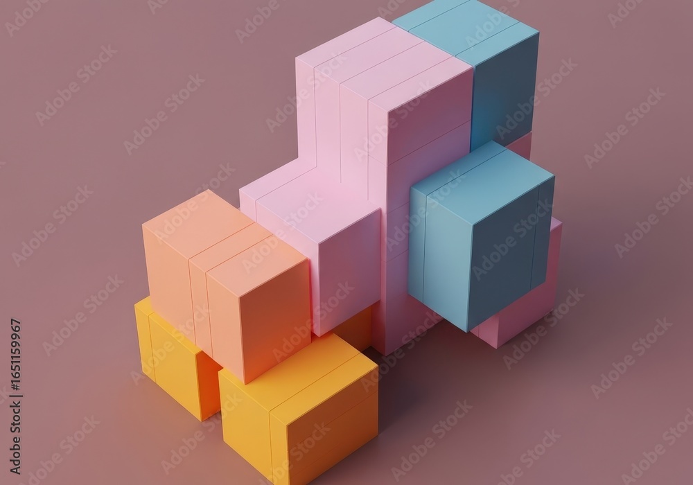 Obraz premium A close-up of colorful stacked geometric blocks in shades of pink, orange, and teal on a muted background