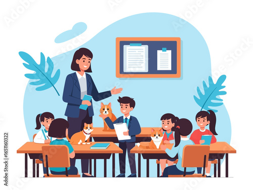 Pet Education: A dedicated teacher engages with attentive children, fostering care and education. with pet friends.