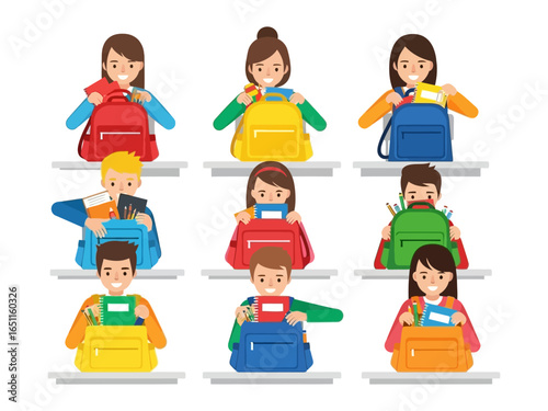 Backpack Prep: A diverse group of children eagerly prepare for the school day, each meticulously organizing their colorful backpacks. It encapsulates the theme of school, education.