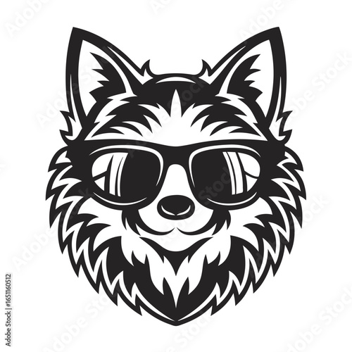 Cool Fox Head with Sunglasses Monoline Silhouette on White Background