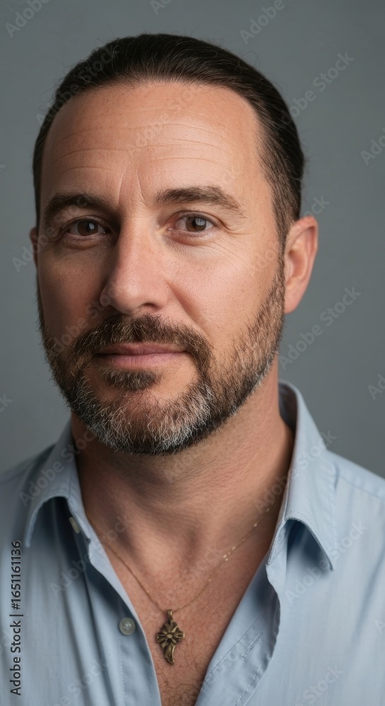 Fototapeta premium A composed man with a goatee and hair pulled back poses, looking directly at the viewer. He wears a light blue button-up shirt, with a necklace