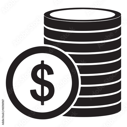 Stack of black coins with dollar sign on white background money currency