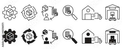 Set of line icons related to supply chain, value chain, logistic, delivery, manufacturing, commerce. Outline icon collection. Vector illustration. Editable stroke