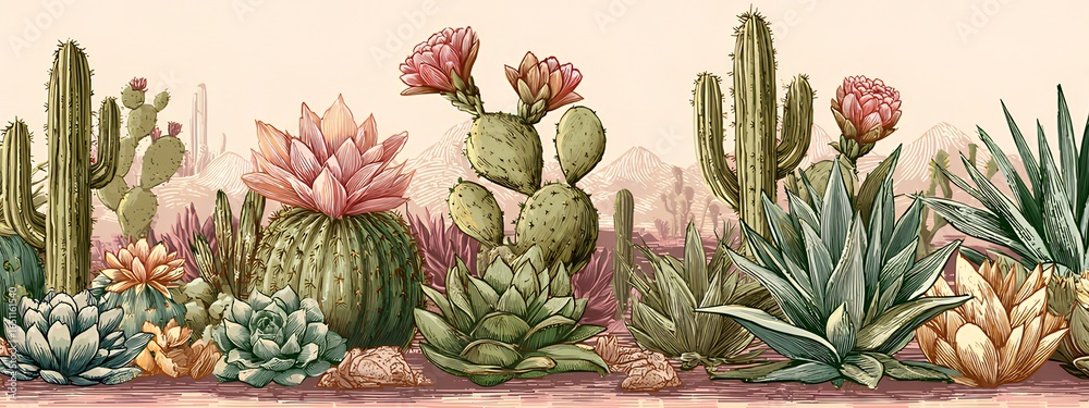 Obraz premium Beautiful Cactus Flower Illustration in Desert Landscape | Succulent and Botanical Art