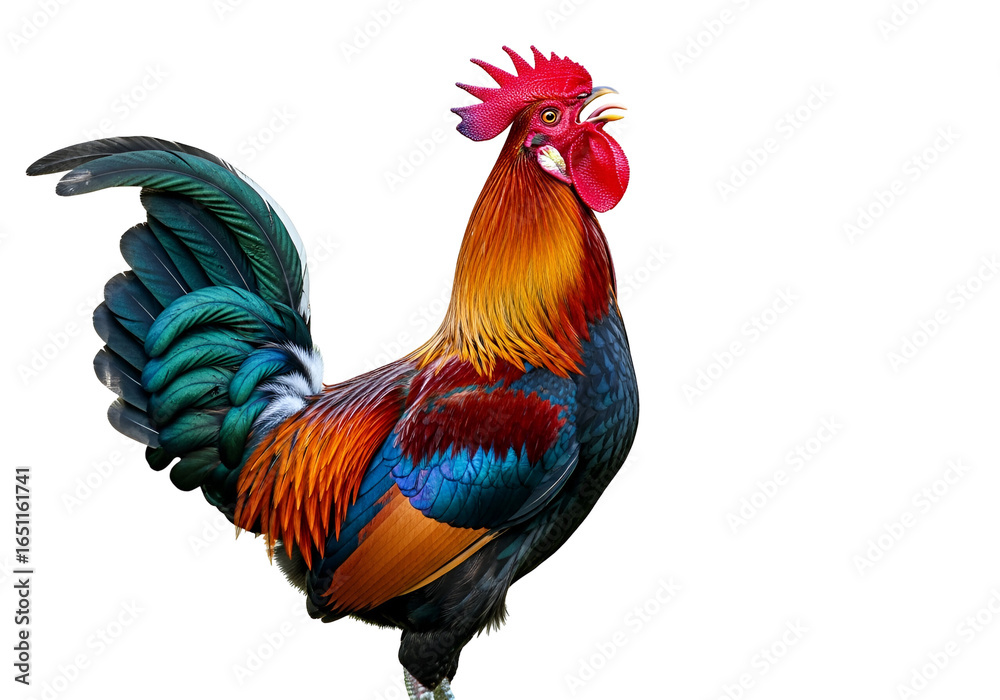 Fototapeta premium Colorful Rooster with Vibrant Plumage and Bright Comb on Black Background