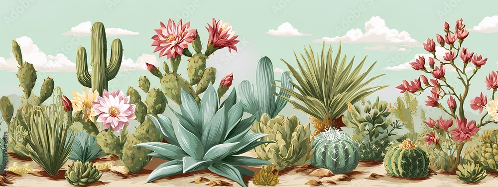 Fototapeta premium Beautiful Cactus Flower Illustration in Desert Landscape | Succulent and Botanical Art