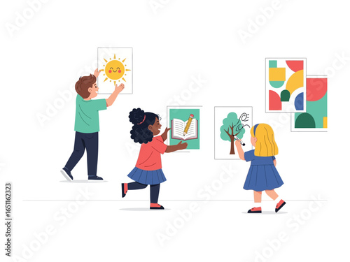 Artistic Endeavor: Playful youngsters showcase their artistic talents by arranging vibrant artwork on the wall, with their enthusiasm and creative flair in full display