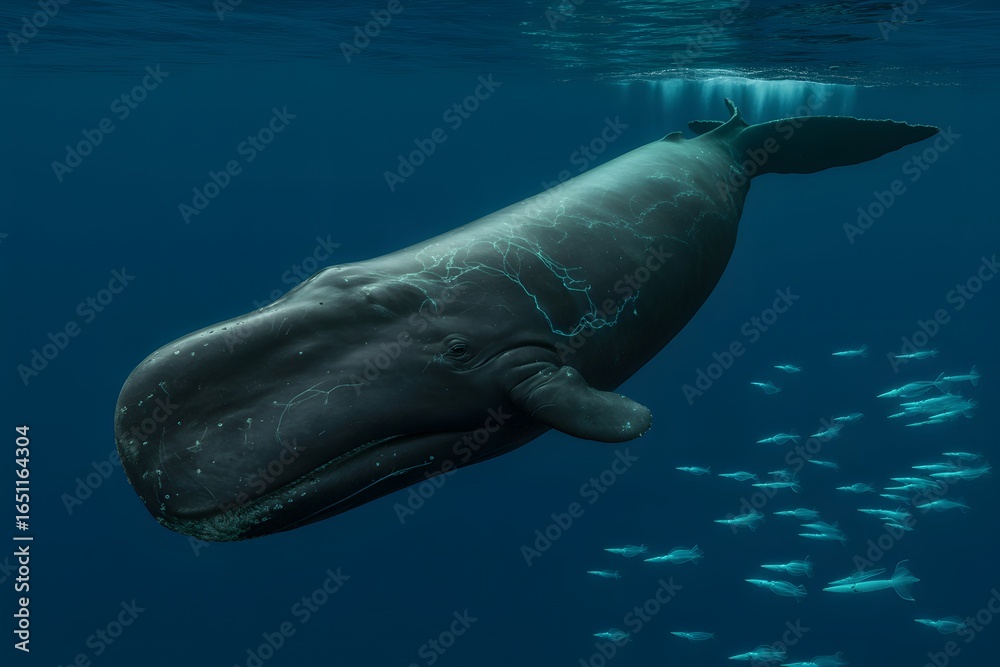 Fototapeta premium Majestic sperm whale swimming gracefully through deep blue ocean waters