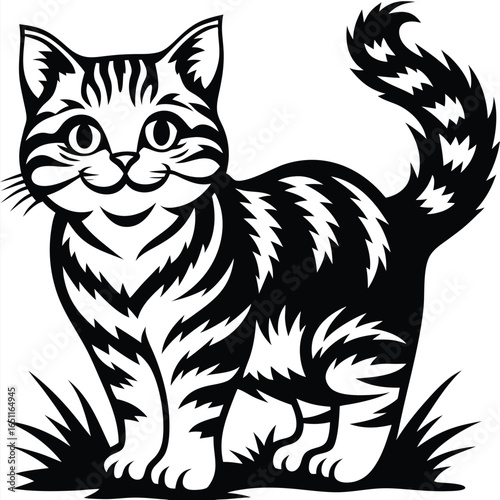 Cat Silhouette Cartoon Style Isolated on White Background Simple Cute Animal