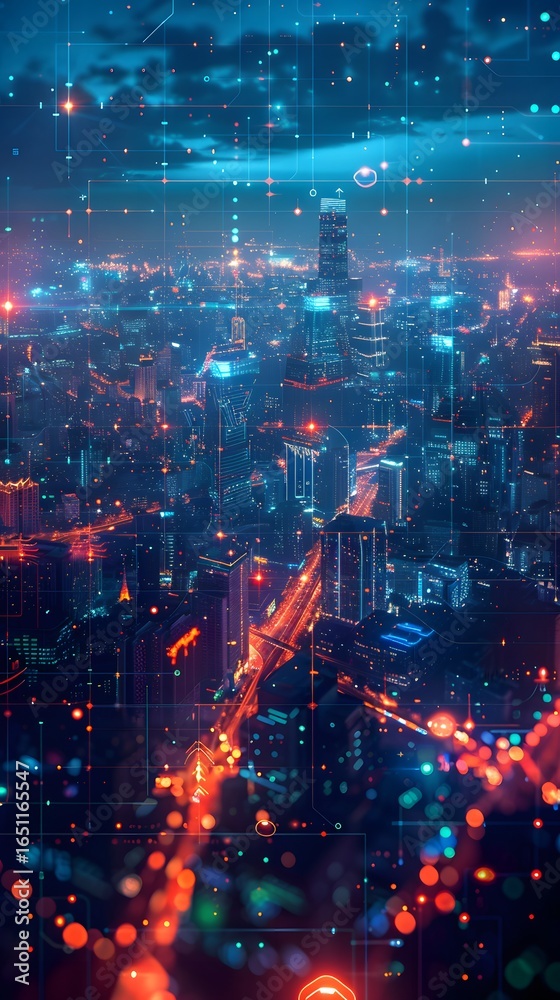 Naklejka premium Digital City Network Global Data Connectivity