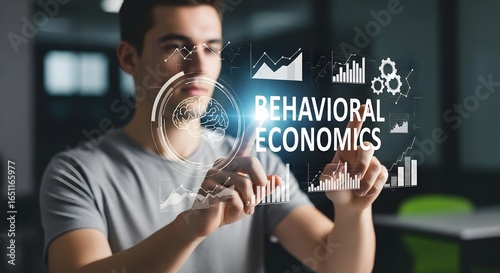 Man interacting with a futuristic holographic display of behavioral economics data