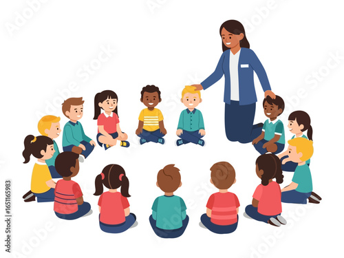 Circular classroom: A teacher in the center of a circle made up of young students, creating a sense of community and fostering a nurturing environment, full of colors and creativity.