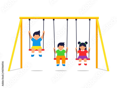 Joyful Swing Set: Three cheerful children swing playfully on a vibrant playground set, a symbol of childhood fun and carefree moments.
