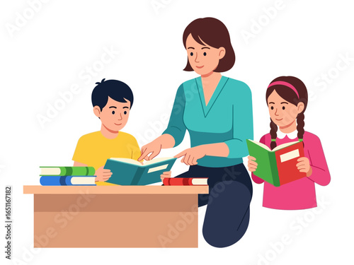 Illustrative Reading Session: A teacher and two young students are engrossed in a reading session at a wooden table, with books carefully positioned before them, a scene of learning and mentorship