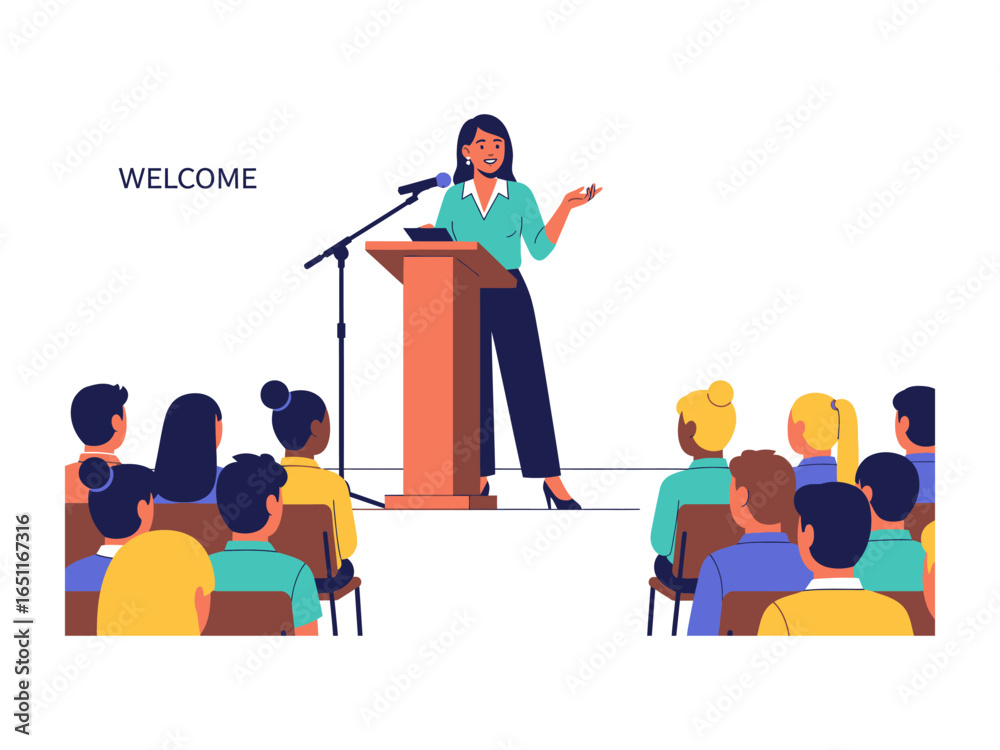 Φωτογραφία Inspiring Public Speaker: Captivating illustration of a woman delivering a speech at a conference, engaging an attentive audience and fostering a sense of motivation