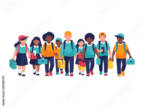 Schoolchildren's walk with optimism: A vibrant illustration of a group of diverse school children walking in unity towards their academic journey.