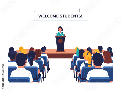 Welcome to the lecture hall: A female lecturer welcomes students in a spacious lecture hall. The setting is modern with neatly arranged seating and a dedicated podium.