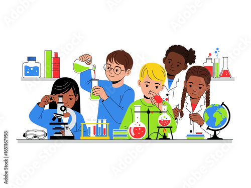 Young Explorers in Laboratory: A dynamic illustration showcasing a group of enthusiastic children immersed in a laboratory.