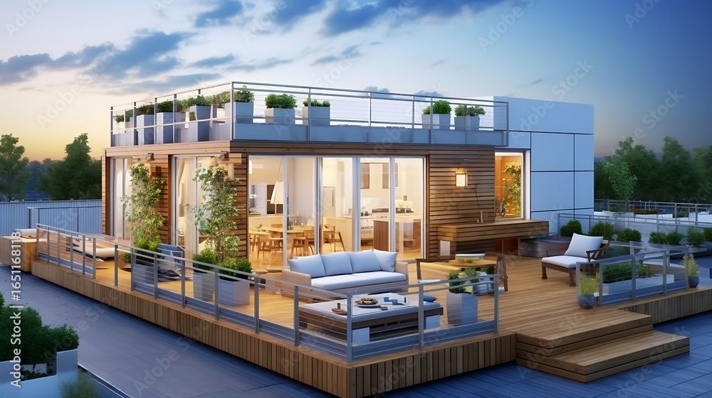 Obraz premium Full-frame render of a smart modular house concept with transparent exterior and rooftop wood deck, overlaid on a flat digital blueprint surface, high detail and clarity.