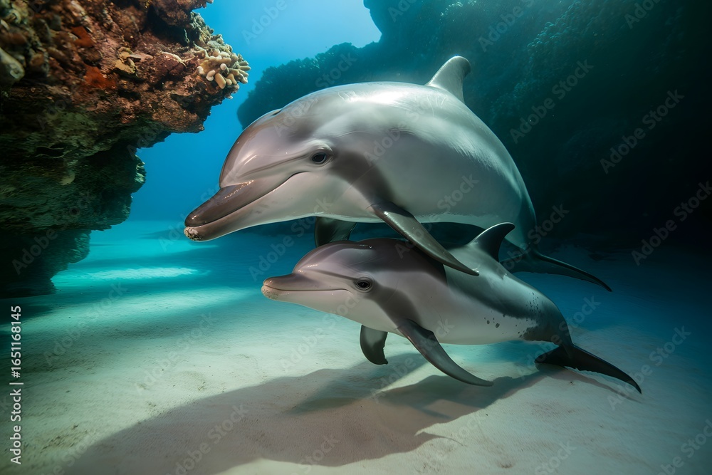 Fototapeta premium Two playful dolphins swim together in clear blue ocean water near coral reef