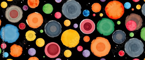 Seamless black background watercolor Kandinsky-style colorful circle pattern,  geometric,  background