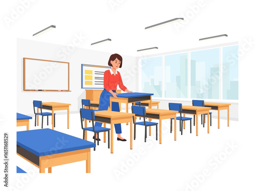 Preparing for Lessons: An educator busily readies her classroom, arranging the desks and preparing the lesson plan, as she sets the stage for an engaging and inspiring learning day.