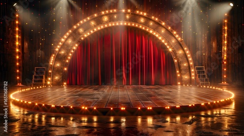 Empty Vintage Theater Stage Red Curtains Glowing Lights