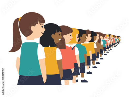 Unity in Harmony: A diverse array of children stands in a long, straight line, their smiles reflecting the unity and diversity found in our world. Illustrative and inviting.