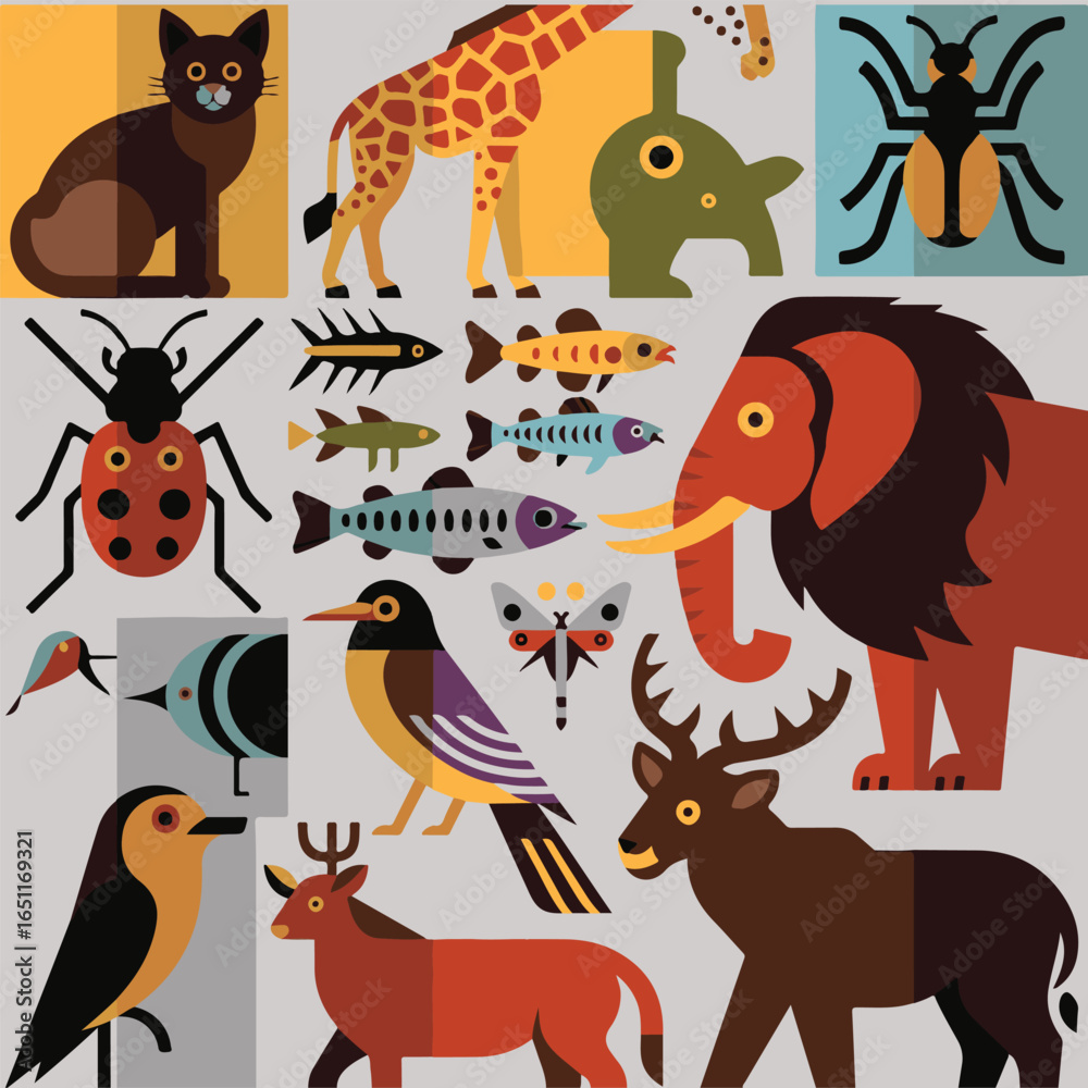 Fototapeta premium Diverse collection of stylized animals and insects in a grid layout