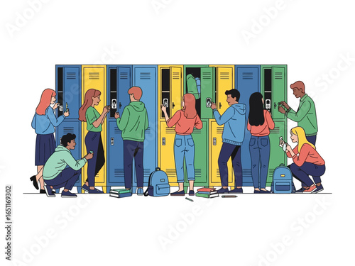 School Lockers & Student interaction: Students in a high school setting engage in an exchange of thoughts and items within a row of colorfully arranged lockers. Showcasing unity.