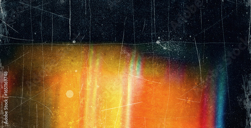 Old film light leaks texture with scratches, noise, iridescent light. Rainbow lens flare effect, camera film filter with bokeh, dust, grain. Distressed retro movie, photo burn effect. Vintage photo
