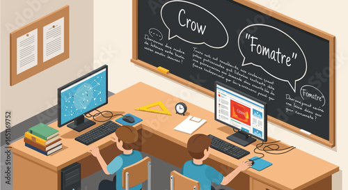 Two boys studying with computers in school classroom with blackboard