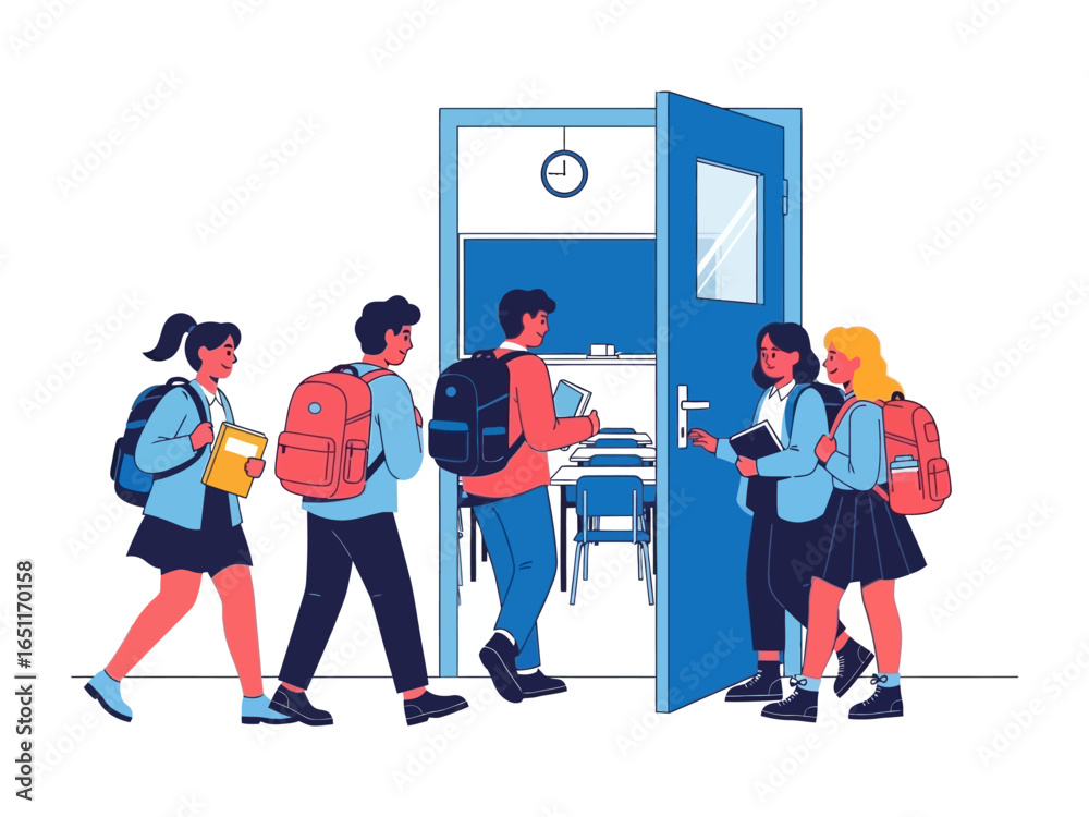 Obraz premium School Day Departure: Illustration of students, each with a backpack, exiting a school classroom in a flat design, ready to commence their learning journey.