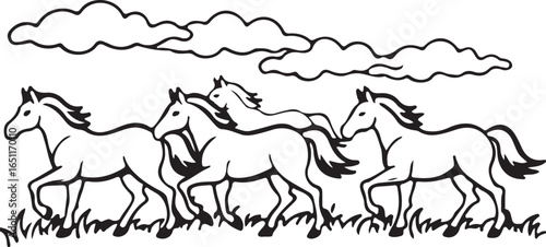 Wild stallions and ponies grazing on a green meadow, a beautiful cartoon illustration of farm animals