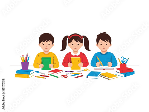 Classroom camaraderie: A cheerful group of children are deeply absorbed in their studies, surrounded by colorful books, stationery and materials