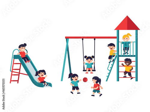 Joyful Playground Playtime: A vibrant illustration of diverse children enjoying the playground activities, sliding down the slide, playing with swings, and having fun.