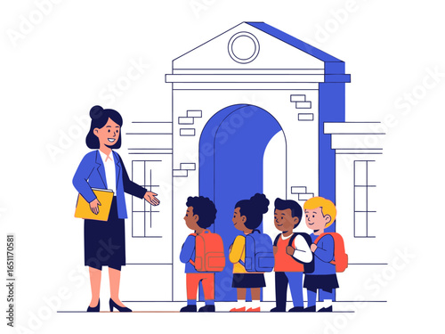 School Introduction: A welcoming teacher introduces a group of young children to the school, symbolizing the beginning of their educational journey and the anticipation of new learning experiences.