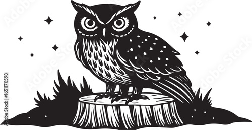 A wise brown owl, a cute cartoon illustration, perched on a branch at night