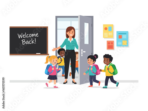 Welcome Back to School: A cheerful teacher welcomes her eager students to school with open arms and a warm smile, embodying the spirit of education.
